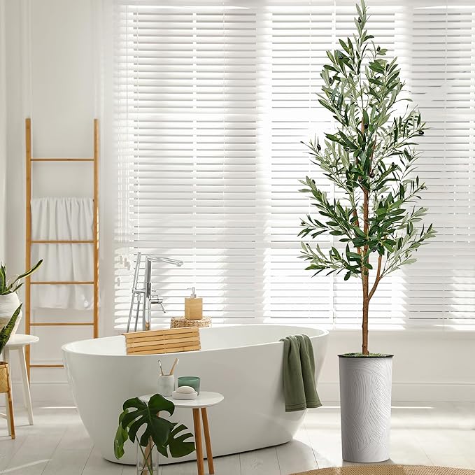 Artificial Tree in White Marble Effect Planter, Fake Olive Silk Tree for Indoor and Outdoor Home Decoration - 68" Overall Tall (Plant Pot Plus Tree)