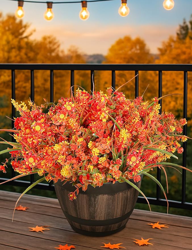 16 Bundles Artificial Flowers for Fall Outdoors Decoration - Fake Mums Faux Daisy Artificial Plants Plastic Lavender Shrubs Flower No Fade for Harvest Halloween Thanks Giving Day Decor