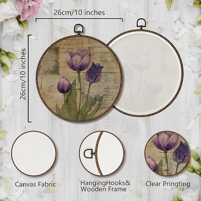 XNXLDYLH Vintage Purple Flower Round Framed Wall Art Decor, Rustic Retro Earthy Floral Bathroom Hanging Wall Decor Decorations, Botanical Tulip Canvas Prints Wall Art Pictures Paintings, 10x10 Inch