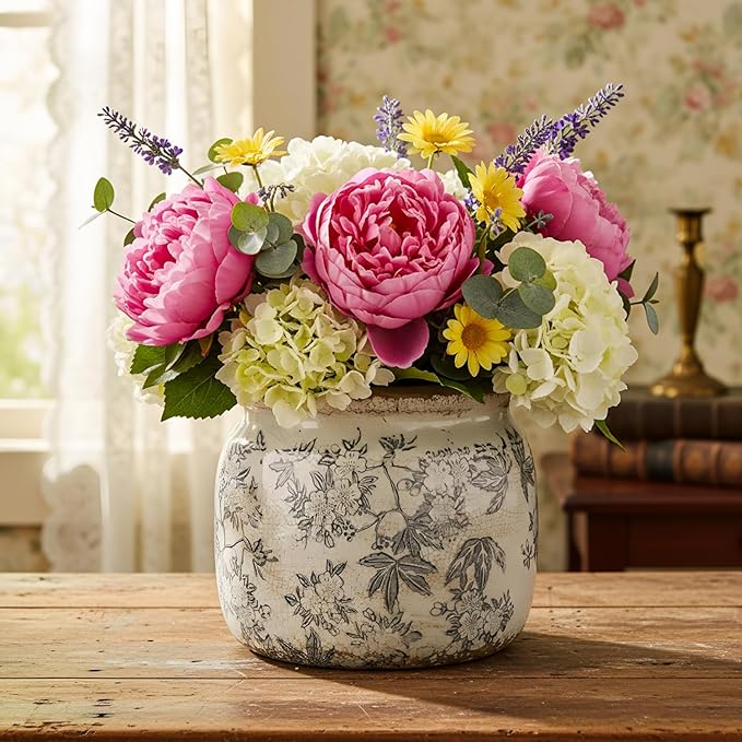 7.7" Large Vintage Ceramic Plant Pot with Baroque Floral Pattern Beige Gray Rustic Planter with Ice Crackle Glaze & Drainage Hole for Indoor Outdoor Plants Home Office Kitchen Decor Gift