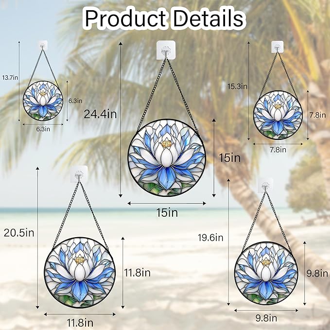 Stained Glass Window Hanging - Blue and White Lotus Petal Suncatcher for Doors Window Home Sun Catchers Decor Christmas Mother's Day July Birthday Gifts for Teacher Women Men Mom Nana 9.8 in