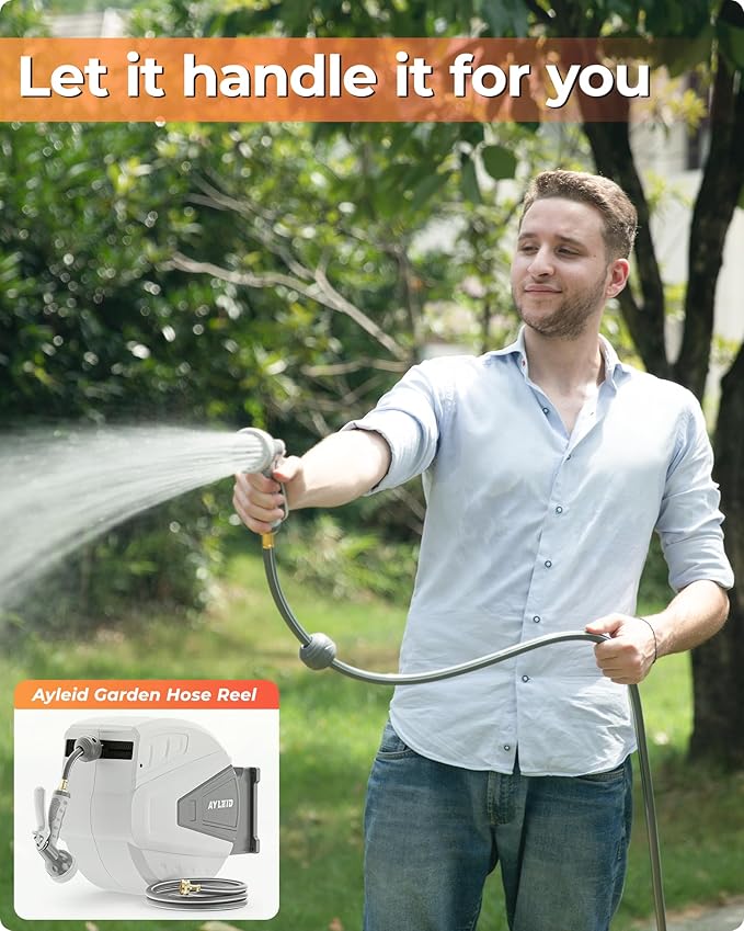 Ayleid Retractable Garden Hose Reel,1/2 in x 130 ft Wall Mounted Hose Reel, with 9- Function Sprayer Nozzle, Any Length Lock/Slow Return System/Wall Mounted/180°Swivel Bracket (Grey)