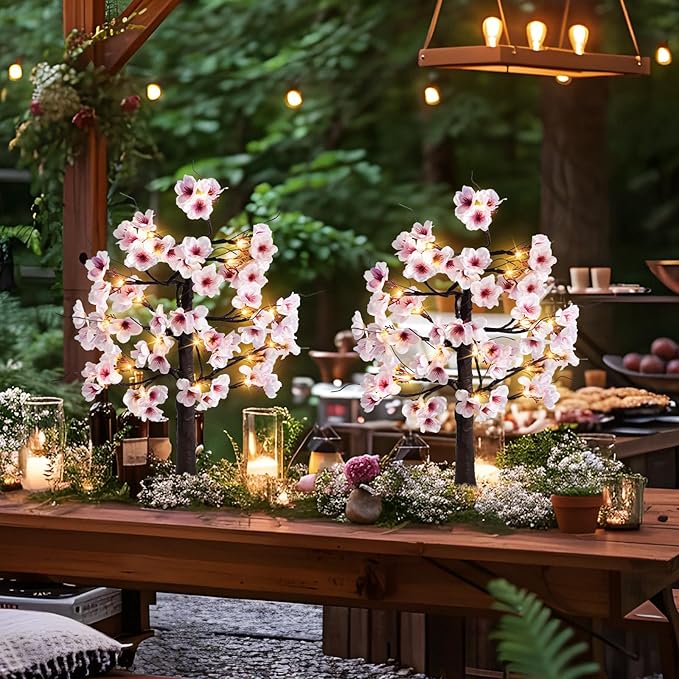 Uieke 2PACK 24IN Lighted Cherry Blossom Tree 48 Warm White LED Tabletop Artifical Bonsai Tree with Timer Battery/USB Operated for Wedding Party Spring Home Indoor Japanese Room Decor