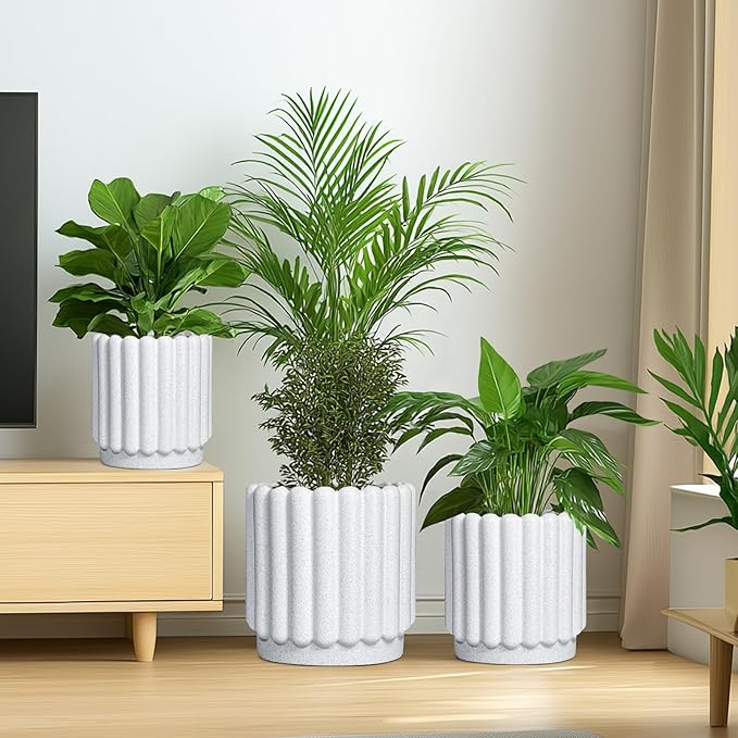 Ceramic Flower Pots - 12 Inch Plant Pot Indoor Outdoor, Fluted Large Ceramic Planters with Drainage Hole, Modern Round Planters, Apartment Decor, Plant Lover Gifts, White