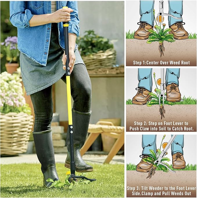 Jardineer 45" Stand Up Weeder Puller Tool, Weed Remover Tool with Long Handle, Weeding Tools Gardening Heavy Duty with 4 Claw Steel Head