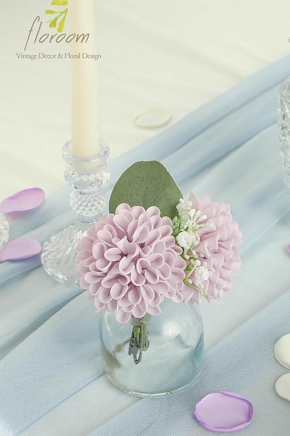 Floroom Artificial Dahlia Flowers 25pcs Real Looking Pale Lavender Foam Fake Roses with Stems for DIY Wedding Bouquets Lilac Bridal Shower Centerpieces Floral Arrangements Party Tables Home Decoration