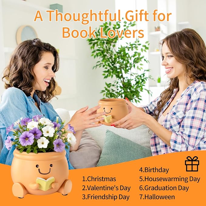 Book Lover Gift Set- Cute Reading Planter Pot with 5 Heart Leather Bookmarks & Quote Card, Cozy Desk Decor for Teacher, Librarian, Women, Mom, Friend, Colleague