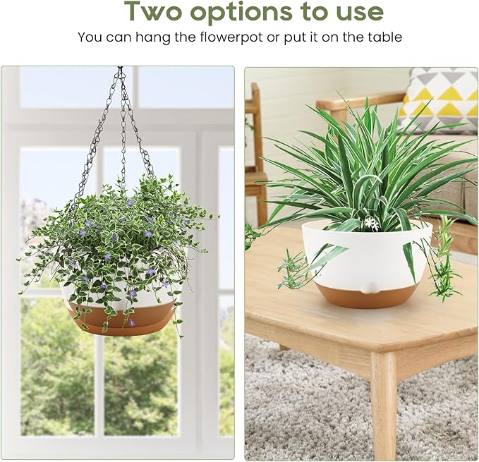 12/10/8 Inch Hanging Planter, Hanging Plastic Plant Self Watering Pot with Drainage Holes and Saucers, Hanging Baskets Flower Pots for Indoor Outdoor Garden Plants and Flowers,Set of 3-White