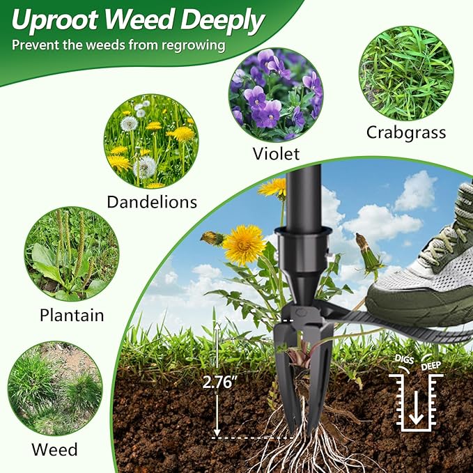 Weed Puller Tool, 2-in-1 Stand Up Heavy Duty Root Removal Tool with 4 Claw Head & Rake, Effortless Root Puller for Dandelion & Weeds, No Bending or Kneeling, Garden Tool for Lawn & Yard Care