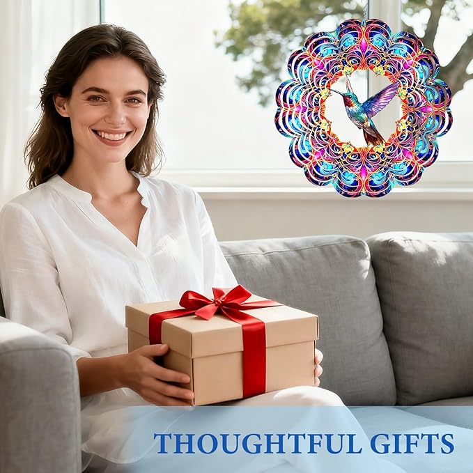 Hummingbird Wind Spinner 12" Metal, Hummingbird Gifts for Women Mom Wife Grandma, Outdoor Indoor Hanging Ornament for Garden Porch Backyard Lawn, Gift for Birthday Thanksgiving Christmas