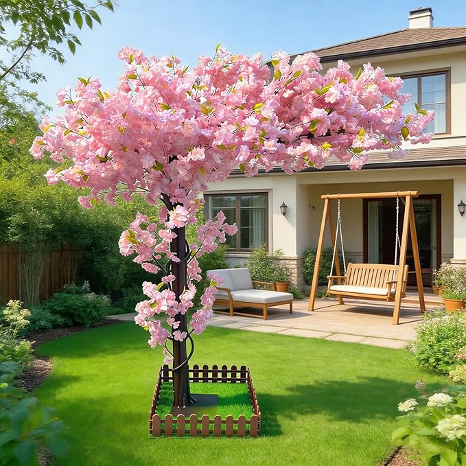 Artificial Cherry Blossom Tree 5.9Ft, Pink Silk Flowers with Solid Wood Trunk for Home & Garden Decor