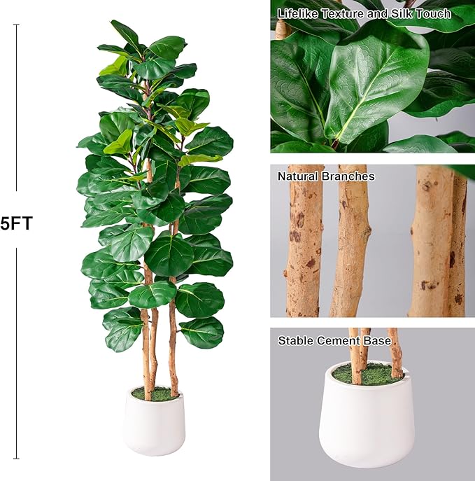 Artificial Fiddle Leaf Fig Tree 5FT, Faux Fig Tree Indoor with Natural Wood Trunk & Realistic Leaves with Moss Pot Fake Ficus Tree Large Faux Floor Plant for Living Room Home Decor, House Plant