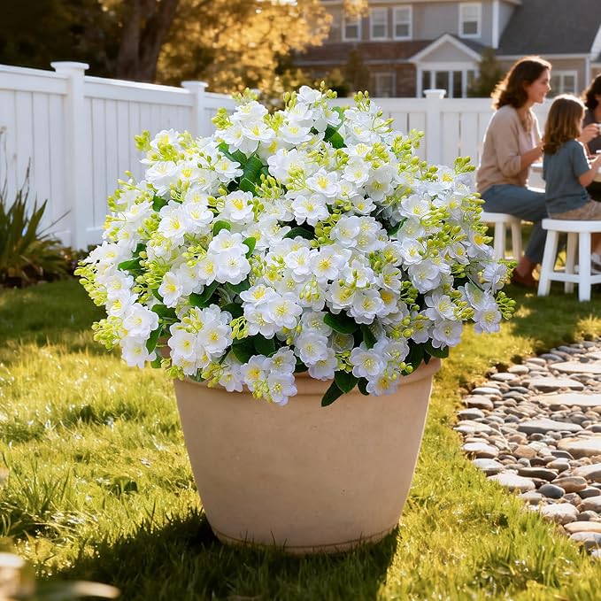 alyptus Artificial Flowers for Outdoors,12 Bundles UV Resistant Spring Fake Flowers for Porch, Patio & Home Decor – Realistic Outdoor Faux Plants with Lasting Color - White