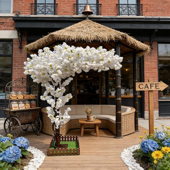 Artificial Cherry Blossom Tree 8.2Ft, White Silk Flowers with Solid Wood Trunk for Home & Garden Decor