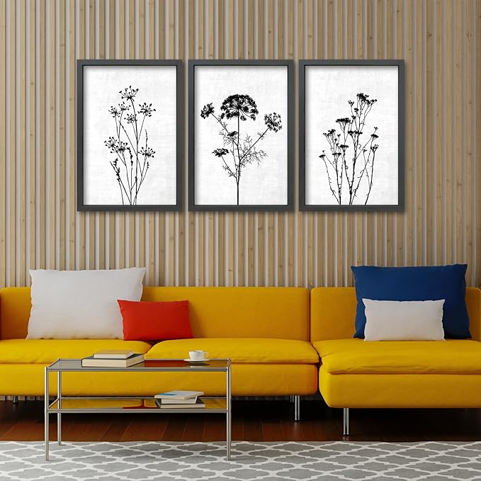 TQianJiang Flower Plant Wall Decor 16"x11" Black And White Botanical Painting Wood Framed Set of 3 Bedroom Office Abstract Wildflower Sign Hanging Art (Black)