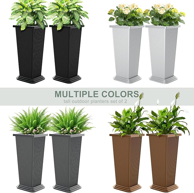Tall Planters Set of 2, Large Indoor Outdoor Flower Pots with Tray Modern Tapered Planter for Patio, Garden, Porch, Backyard (Black Ribbed)