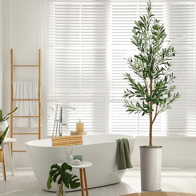 Artificial Tree in Modern Swirl Pattern Planter, Fake Olive Silk Tree for Indoor and Outdoor Home Decoration - 68" Overall Tall (Plant Pot Plus Tree)
