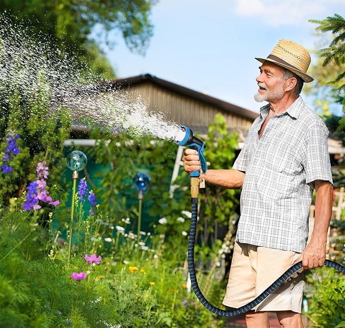 100 ft Expandable Garden Hose with 10 Function Nozzle Sprayer, Lightweight & No-Kink Flexible Water Hose with Durable Latex Core & Solid Brass Fittings, 100ft Retractable Stretch Hose, Black & Blue
