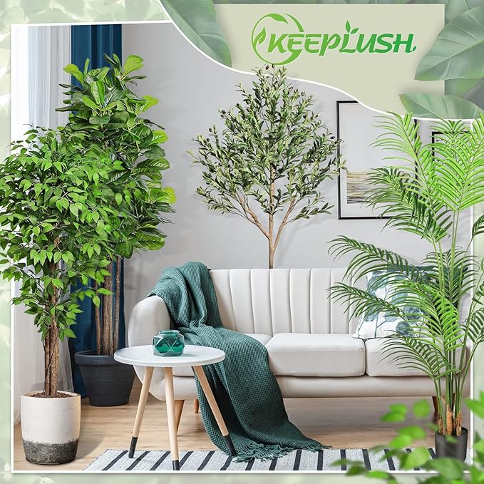 7ft Large Ficus Artificial Trees with Natural Curved Trunks, 84" Tall Lush Faux Tree for Home Decor Indoor, Green Lifelike Fake Ficus Tree Artificial Plants in Pot(Set of 2)