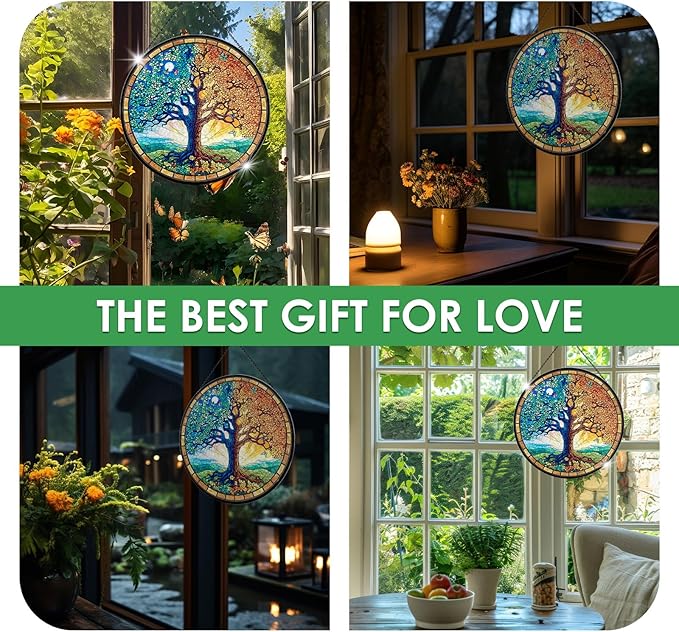 Tree of Life Stained Glass Window Hanging, 7.9" Sun Catcher Panel Boho Wall Art Decor with Chain, Hand Painted Round Glass Gifts for Couples, Housewarming Gift