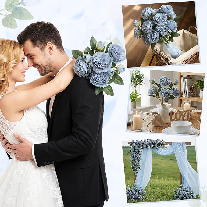36 Bundles Artificial Flowers Peonies Roses Fake Bouquet for Wedding Bridal Shower Valentine's Day Decorations Fake Floral Arrangements Table Centerpieces Home Decor(Dusty Blue)