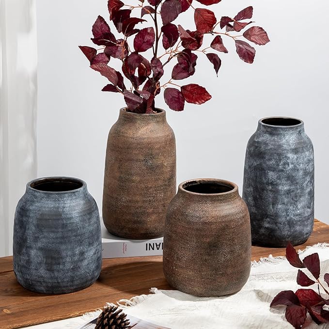 Briful 11in Rustic Ceramic Vase, Brown Vintage Flowers Vase, Extra-Large Rustic Farmhouse Vase, Whitewashed Terra Cotta Vase, Antique Pottery Pampas Vase for Home Living Room Kitchen Mantel Decor