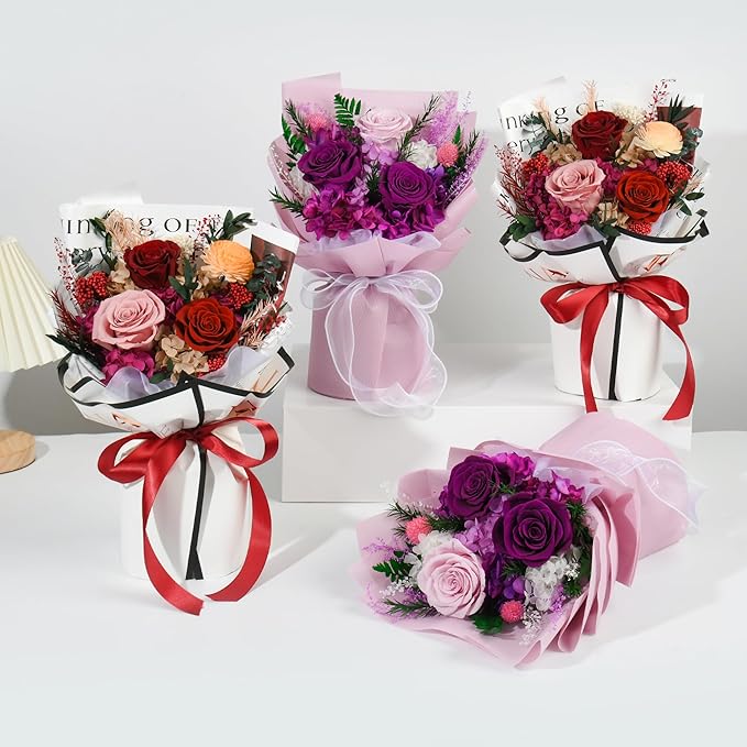 Forever Flowers Bouquet, Preserved Long Lasting Pink-Red Roses Flower Bouquet for Valentine’s Day, Christmas, Anniversary, Birthday Gifts for Her