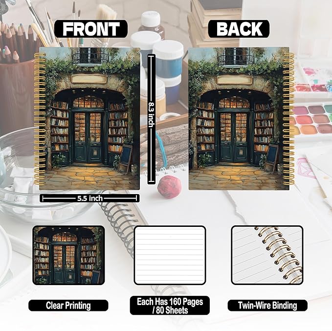 XPH Vintage Bookshop Reading Spiral Notebook, Book Lovers Gifts Journaling Notebooks for Women, Bookish Gift Hardcover Journals for Writing 160 Pages 5.5 x 8.3 Inch, Book Reader Gifts