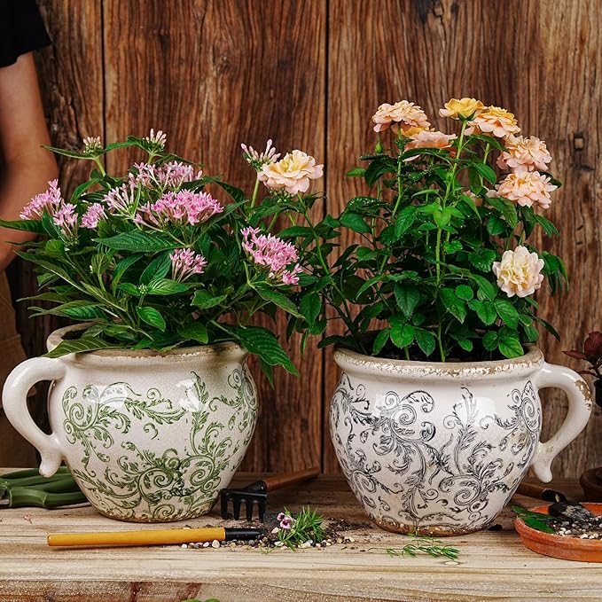 Sungmor Set of 2 Vintage Ceramic Planters with Handle - Rustic Crackle Glaze Flower Pots with Scroll Design, Drainage Hole Indoor Outdoor Decorative Plant Containers, Tuscan Decor Pots