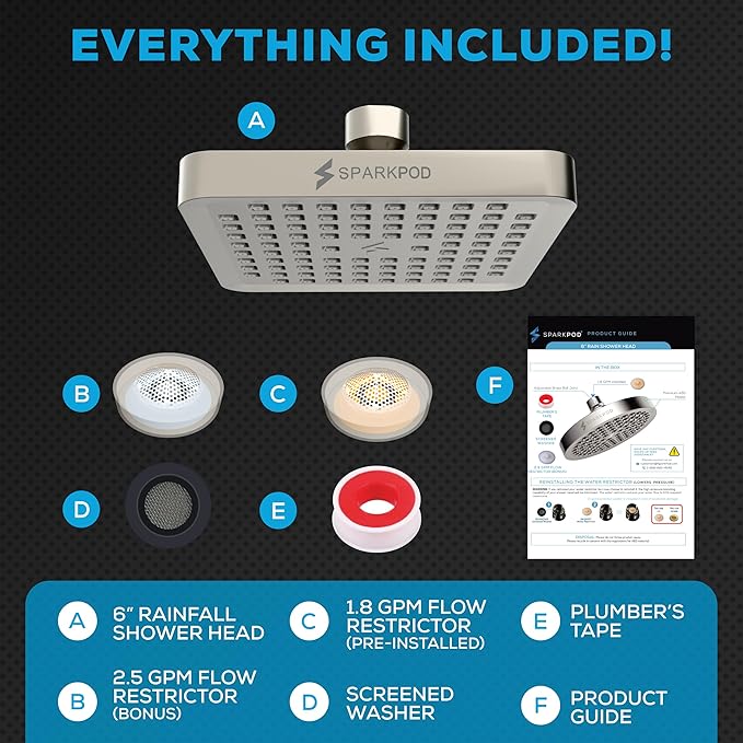 SparkPod Shower Head - High Pressure Rain - Premium Quality Luxury Design - 1-Min Install - Easy Clean Adjustable Replacement for Your Bathroom Shower Heads (Elegant Brushed Nickel, 8 Inch Square)