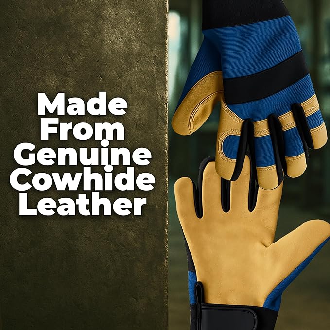 Men’s Cowhide Leather Work Gloves with Adjustable Strap – Durable Utility Gloves for Ranch, Farm & Equestrian