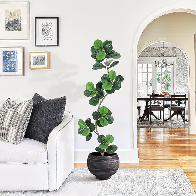 6ft Artificial Fiddle Leaf Fig Tree, Tall Fake Plants with White Planters, Artificial Plants Indoor with Realistic Moss for Home Decor Office Living Room