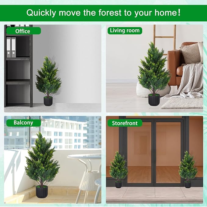 2.3FT Tall Artificial Cedar Topiary Trees Set of 2, Artificial UV Resistant Potted Plants, Faux Bushes Fake Shrubs for Outdoor Indoor Home Entryway Front Porch Garden Patio Offices Living Room Decor