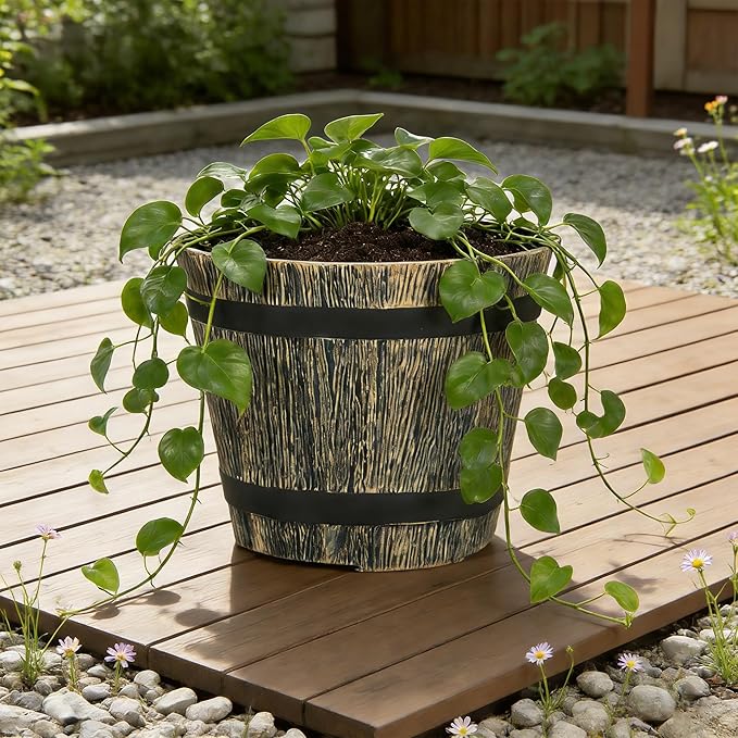 5 Pack 7 Inch Plastic Plant Pots, Whiskey Barrel Planters, Flower Pots for Indoor Outdoor Home Herb Snake Plants, Durable Pots, Set of 5