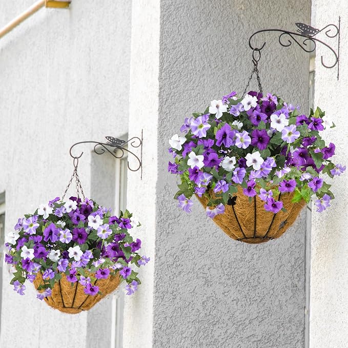 Artificial Fake Flowers for Outdoor Plants Decoration,2 Pcs Faux Petunias Flowers Plants UV Resistant Silk for Porch Yard Garden Home Indoor Decor(Purple White)