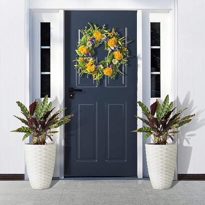 Glitzhome 19" H Large Planters for Outdoor Plants, Set of 2 Large Flower Pots with Drainage Holes, Round Faux Ceramic Wave Textured, White Tall Planters for Porch Garden Indoor Outdoor Use