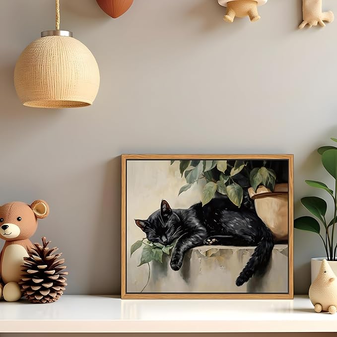 Floating Framed Black Cat Canvas Wall Art, Lazy Cute Cat Wall Decor Paintings, Vintage Animal Plant Prints Poster, Rustic Aesthetic Home Decor for Living room Bedroom Bathroom 8x10 inch