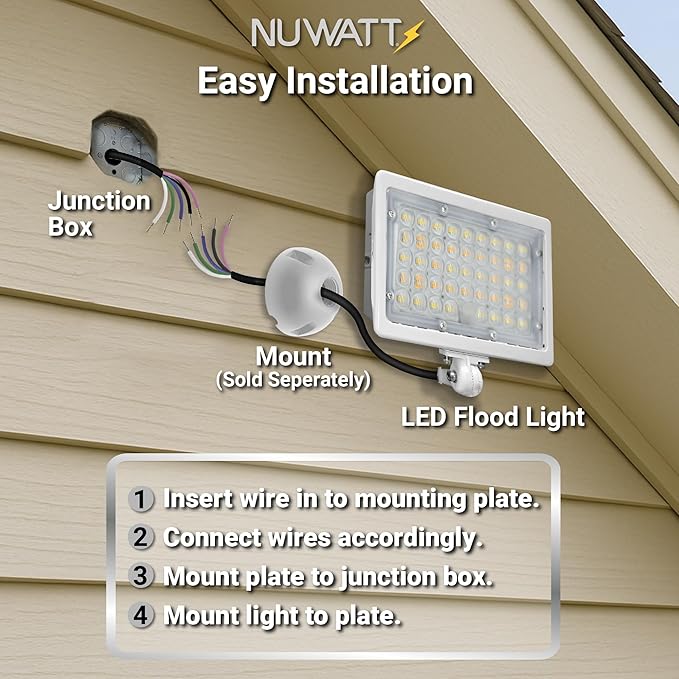 NUWATT 30W LED Flood Light, 3CCT 3000K/4000K/5000K Selectable, IP65 Waterproof Lighting, Adjustable Knuckle Mount, 4200LM, 0-10V Dimmable, 120-277V, Outdoor Security Floodlight for Yard, White, UL