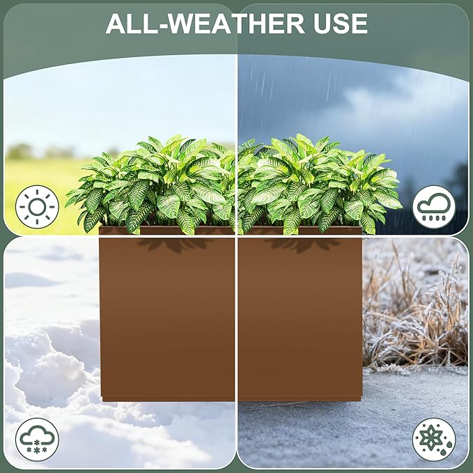Tall Rectangular Planter Box, Metal Large Planters for Outdoor Plants, Flowers, with Drainage Holes (30" L x 12" W x 24" H, Brown)