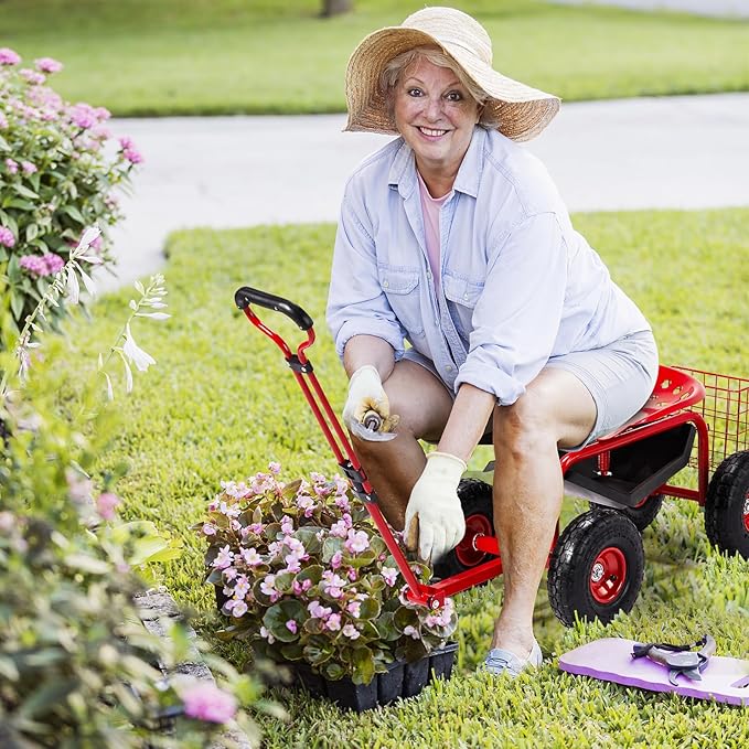 Outvita Garden Cart Rolling Workseat with Wheels, Gardening Stool with Adjustable 360 Degree Swivel Seat, Extendable Handle, Tool Tray & Storage Basket, Gardening Scooter for Yard, Planting, Red