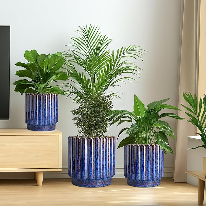 12 Inch Pots for Plants - Ceramic Planter Indoor Outdoor, Large Ceramic Flower Pots with Drainage Hole, Fluted Modern Round Planter, Living Room Home Decor, Gifts for Plant Lovers, Blue