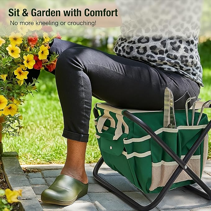 GardenHOME 7-Piece Gardening Tool Set – Stainless Steel Tools with Wooden Handles, Folding Stool & Canvas Tote, Durable Garden Kit for Women and Beginners