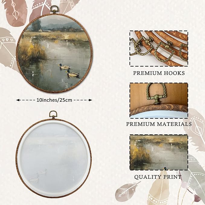 DEQSX Vintage Rustic Countryside Round Wall Art, Nature Cottagecore Lake Landscape Mallard Duck on Pond Wall Decor Canvas Prints Posters for Home Bedroom Living Room, 10x10 Inches