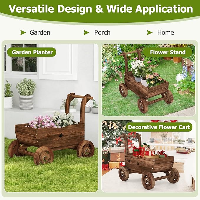 S AFSTAR Wooden Wagon Planter Box, Mobile Garden Planter with 4 Wheels, Handle, Drain Hole, Decorative Plant Wagon for Indoor & Outdoor Decor, Decorative Flower Cart for Patio, Garden, Balcony, Brown