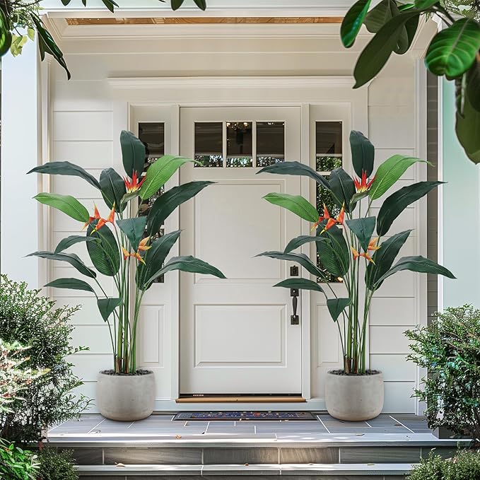 6ft Artificial Bird of Paradise Plant, Tall Faux Plants with 14 Faux Leaves and 3 Blooming Flowers, Artificial Plants Indoor with Black Nursery Pot for Home Decor Office Living Room 2 Pack