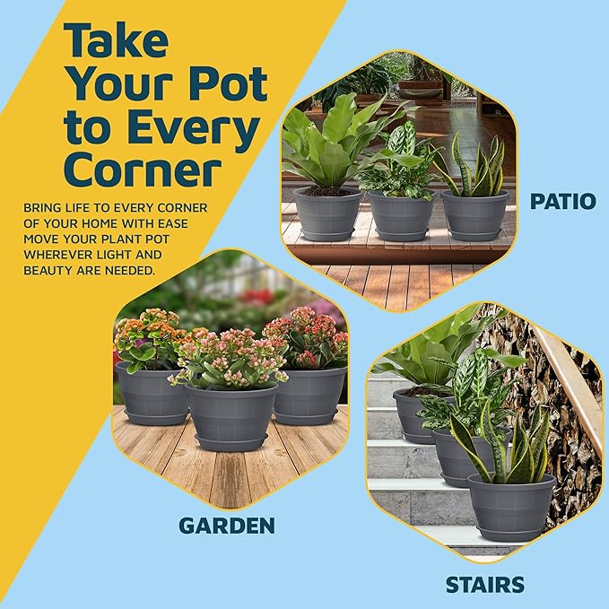 10-Inch Whiskey Barrel Planters Outdoor Pack of 5 - Durable Plastic Plant Pots for Indoor & Outdoor Use with Drainage & Saucer, Lightweight Rustic Barrel Planters for Flowers, Herbs & Small Plants