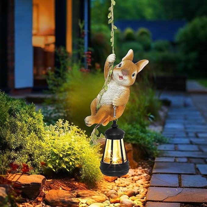 Solar Hanging Bunny Rabbit Statue, Outdoor Resin Animal Figurine with LED Lights for Garden, Fence, Porch, Patio, Yard Decor, Dusk to Dawn Auto On/Off