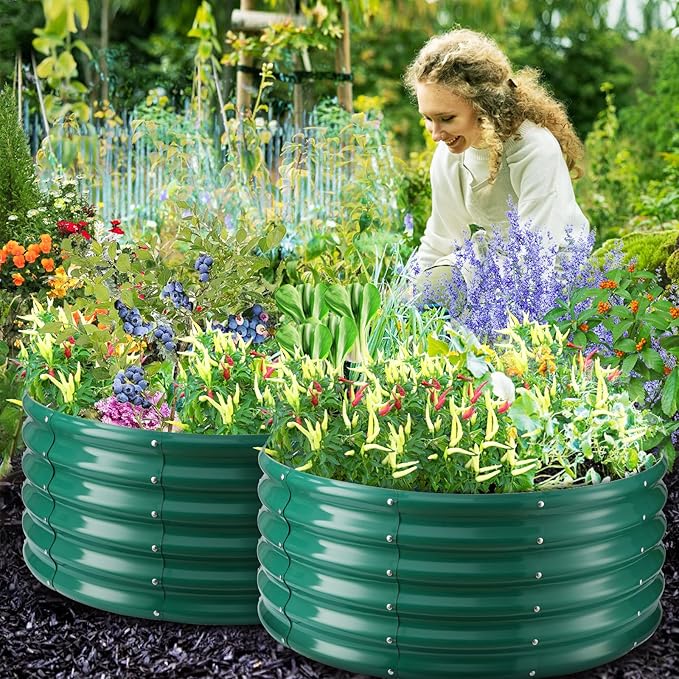 17" Tall Round Outdoor Garden Raised Garden Bed Kits-0.8MM Thick Metal Raised Planter Bed/Ground Planter Box for Variety of Flowers,Herbs,Vegetables,Trees (Dark Green, 40 Dia X 16.5 inches)