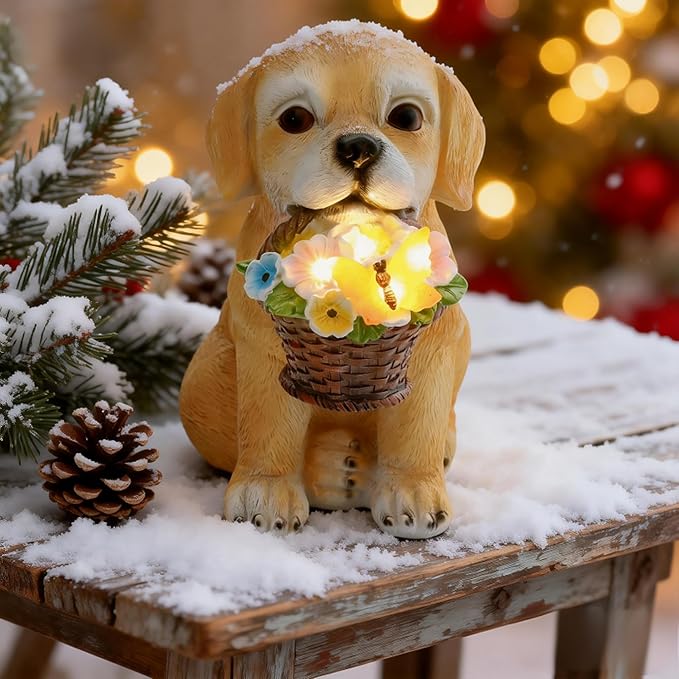 Solar Garden Dog Statue Outdoor Decor – Funny Golden Puppy Figurine with Butterfly & Flower Basket, Resin Yard Porch Patio Ornaments, Unique Christmas Birthday Gifts for Mom Grandma Women