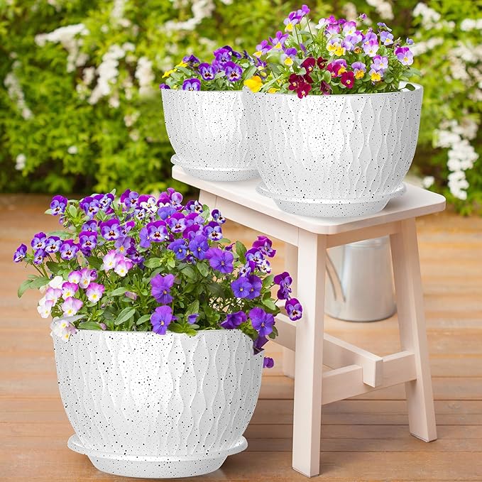 Plant Pots, Flower Pots with Multi Mesh Drainage Holes and Saucer, Large Planters for Indoor Outdoor Garden Plants and Flowers (Speckled White, 12"+10"+9")